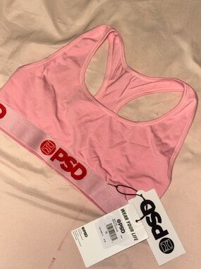 PSD Light Pink Racerback Sports Bra with Red Logo Band